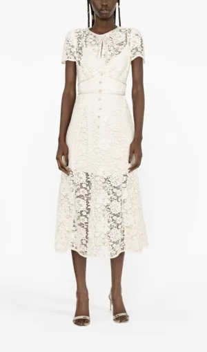 CREAM EMBELLISHED FLORAL LACE MIDI DRESS Gloria Lanvin