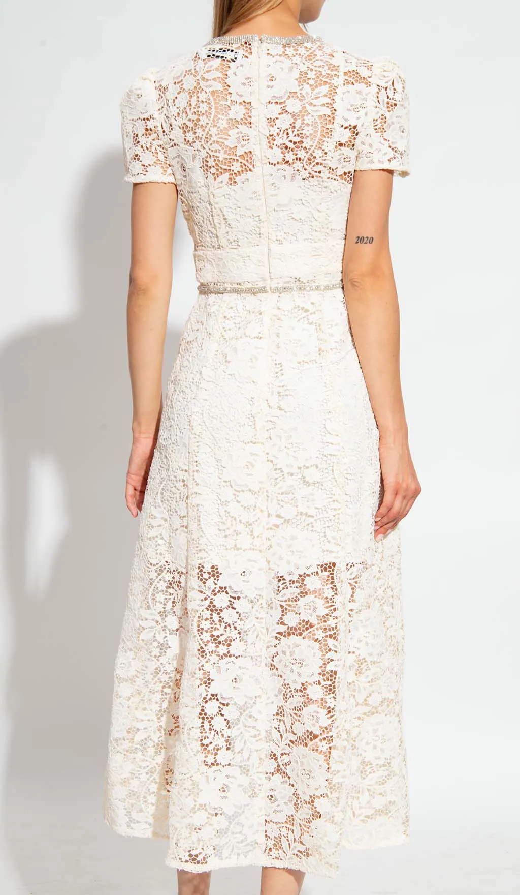 CREAM EMBELLISHED FLORAL LACE MIDI DRESS Gloria Lanvin