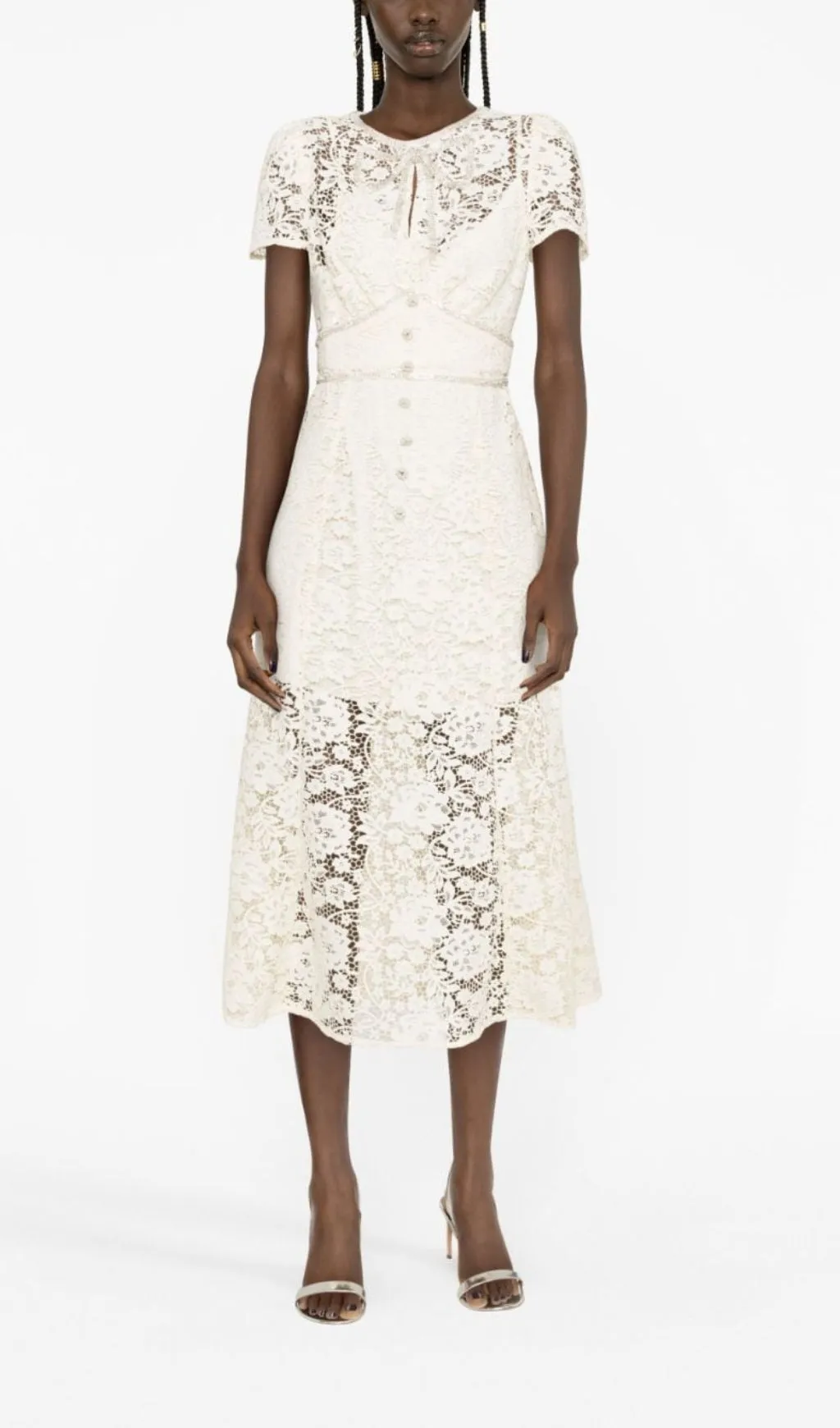 CREAM EMBELLISHED FLORAL LACE MIDI DRESS Gloria Lanvin