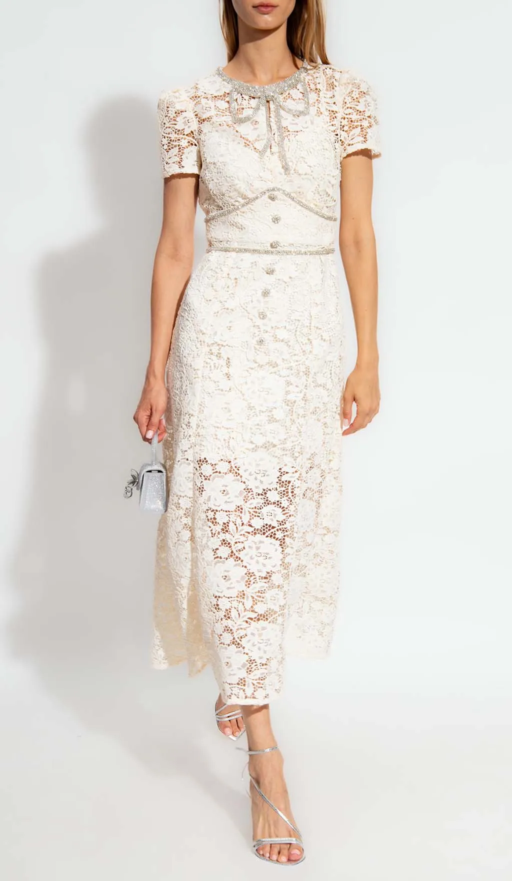 CREAM EMBELLISHED FLORAL LACE MIDI DRESS Gloria Lanvin