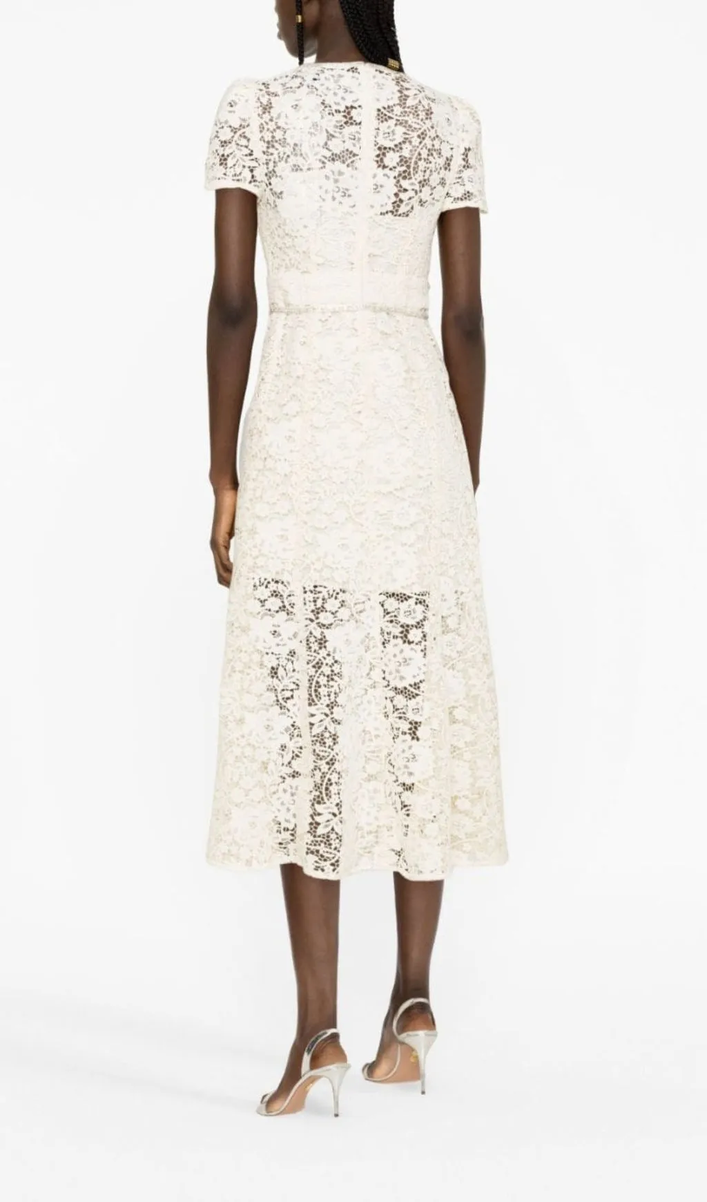 CREAM EMBELLISHED FLORAL LACE MIDI DRESS Gloria Lanvin