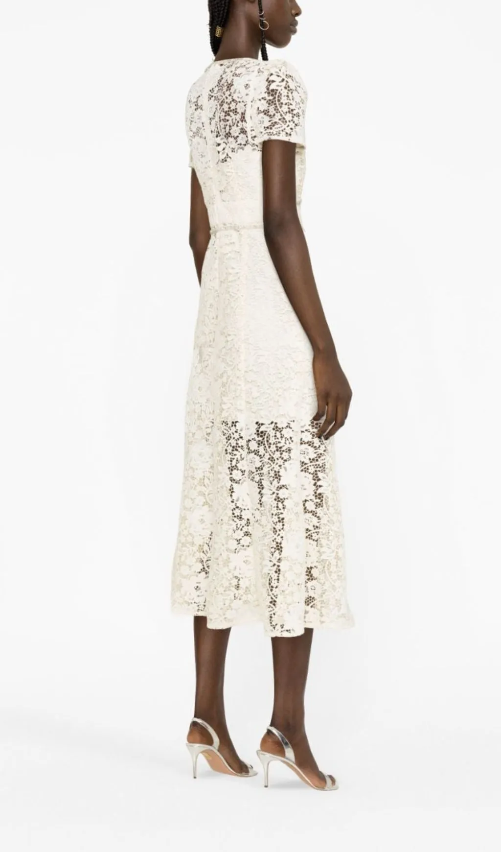 CREAM EMBELLISHED FLORAL LACE MIDI DRESS Gloria Lanvin