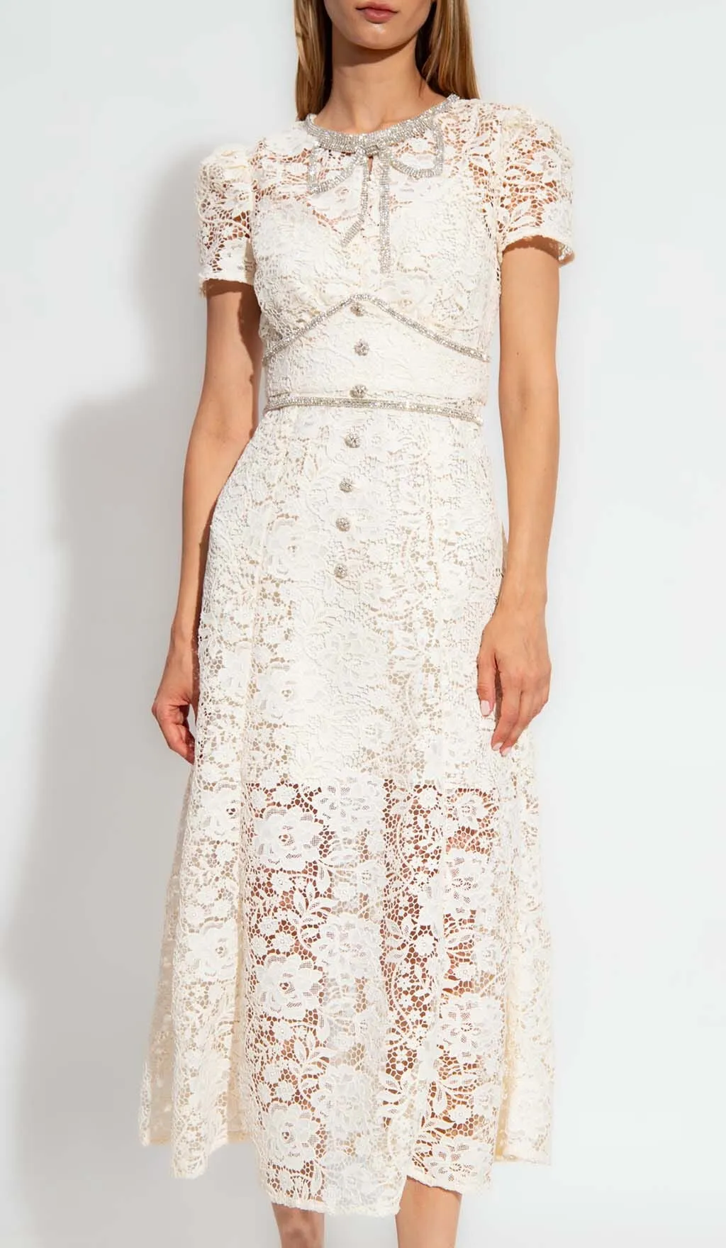 CREAM EMBELLISHED FLORAL LACE MIDI DRESS Gloria Lanvin