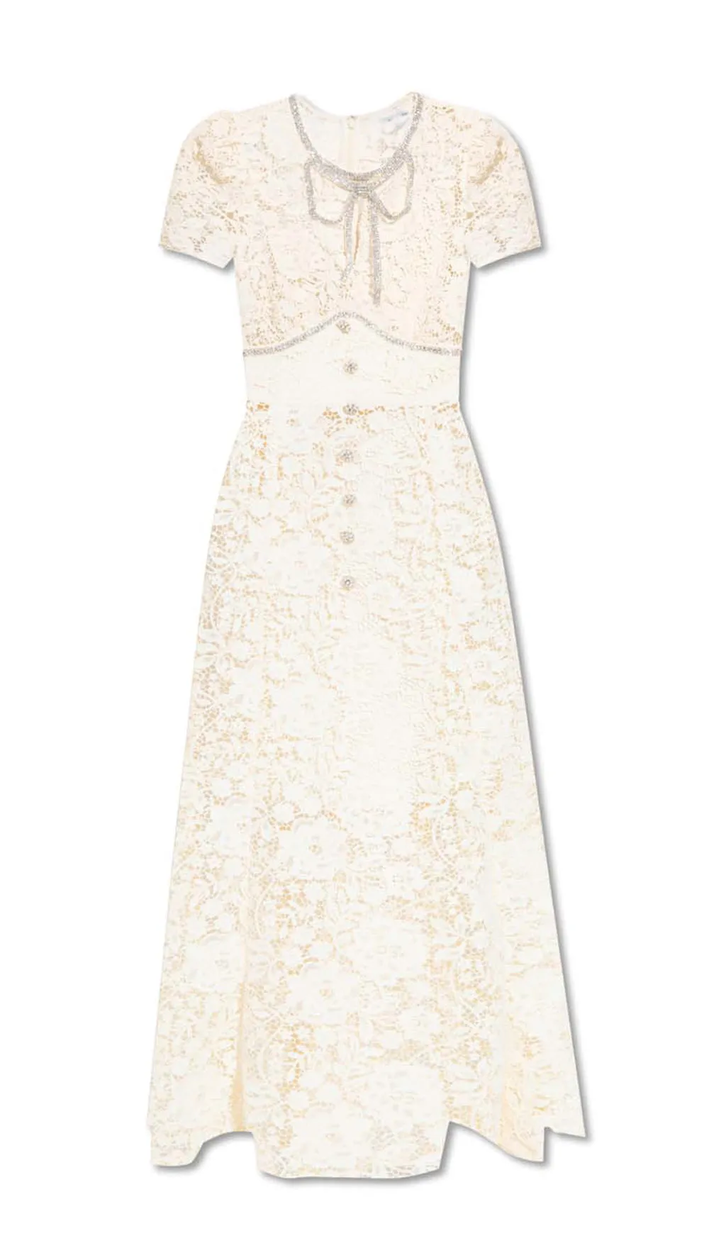 CREAM EMBELLISHED FLORAL LACE MIDI DRESS Gloria Lanvin