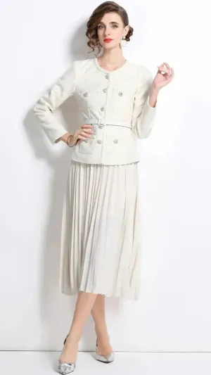 CREAM SEQUIN BOUCLE TAILORED MIDI DRESS Gloria Lanvin