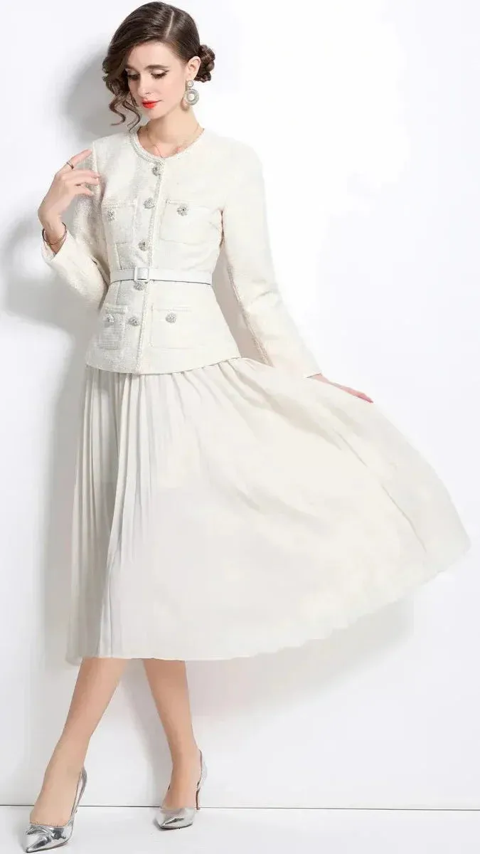 CREAM SEQUIN BOUCLE TAILORED MIDI DRESS Gloria Lanvin