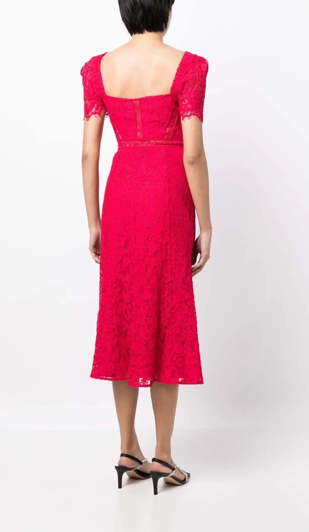 CREPE-TEXTURE LACED MIDI DRESS IN RED Gloria Lanvin