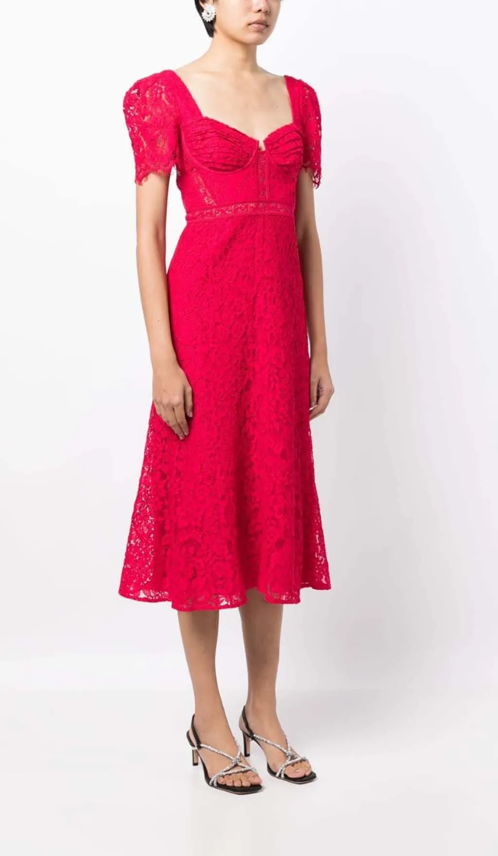 CREPE-TEXTURE LACED MIDI DRESS IN RED Gloria Lanvin