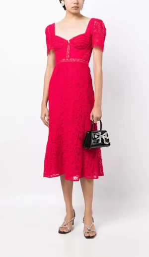 CREPE-TEXTURE LACED MIDI DRESS IN RED Gloria Lanvin