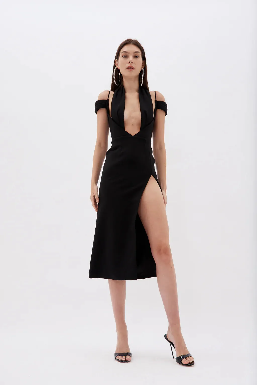 CROSS HALTER CUT OUT SLIT MIDI DRESS IN BLACK Gloria Lanvin