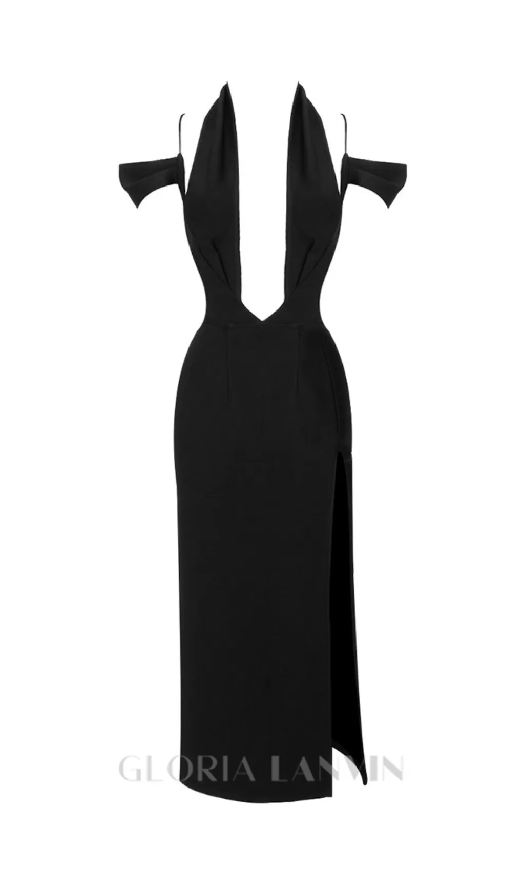 CROSS HALTER CUT OUT SLIT MIDI DRESS IN BLACK Gloria Lanvin