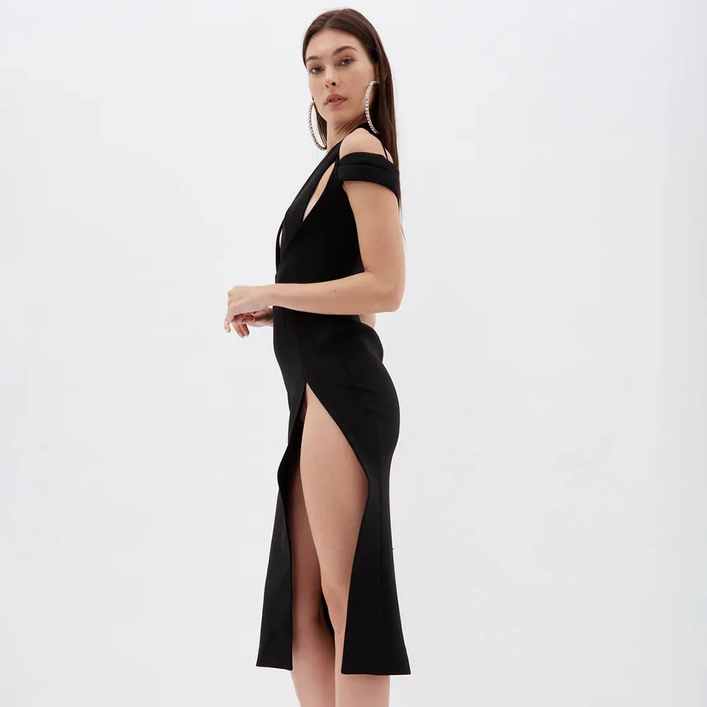 CROSS HALTER CUT OUT SLIT MIDI DRESS IN BLACK Gloria Lanvin