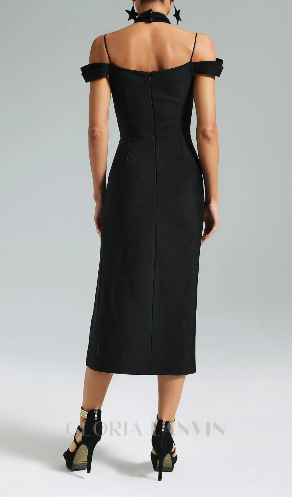 CROSS HALTER CUT OUT SLIT MIDI DRESS IN BLACK Gloria Lanvin