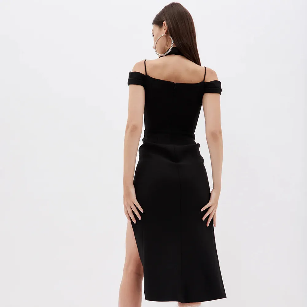 CROSS HALTER CUT OUT SLIT MIDI DRESS IN BLACK Gloria Lanvin