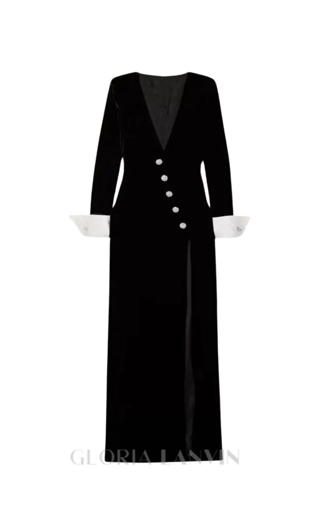 CROWN BLACK LONG SLEEVE V-NECK MAXI DRESS Gloria Lanvin