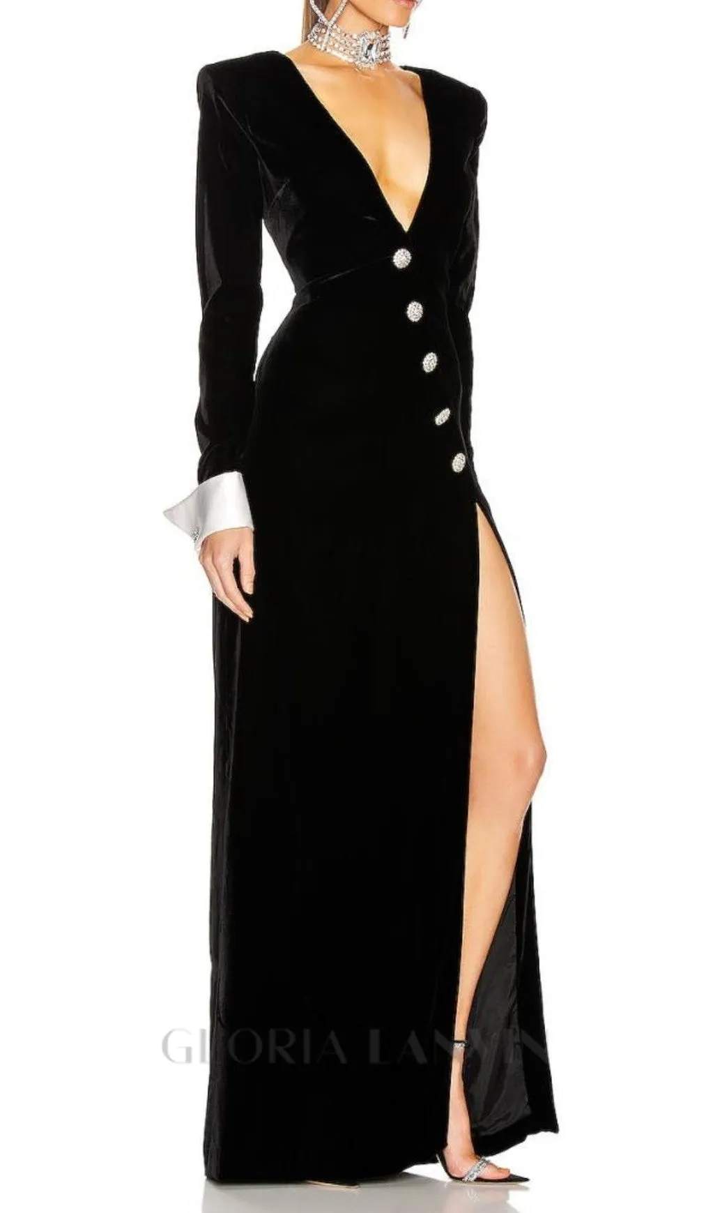 CROWN BLACK LONG SLEEVE V-NECK MAXI DRESS Gloria Lanvin