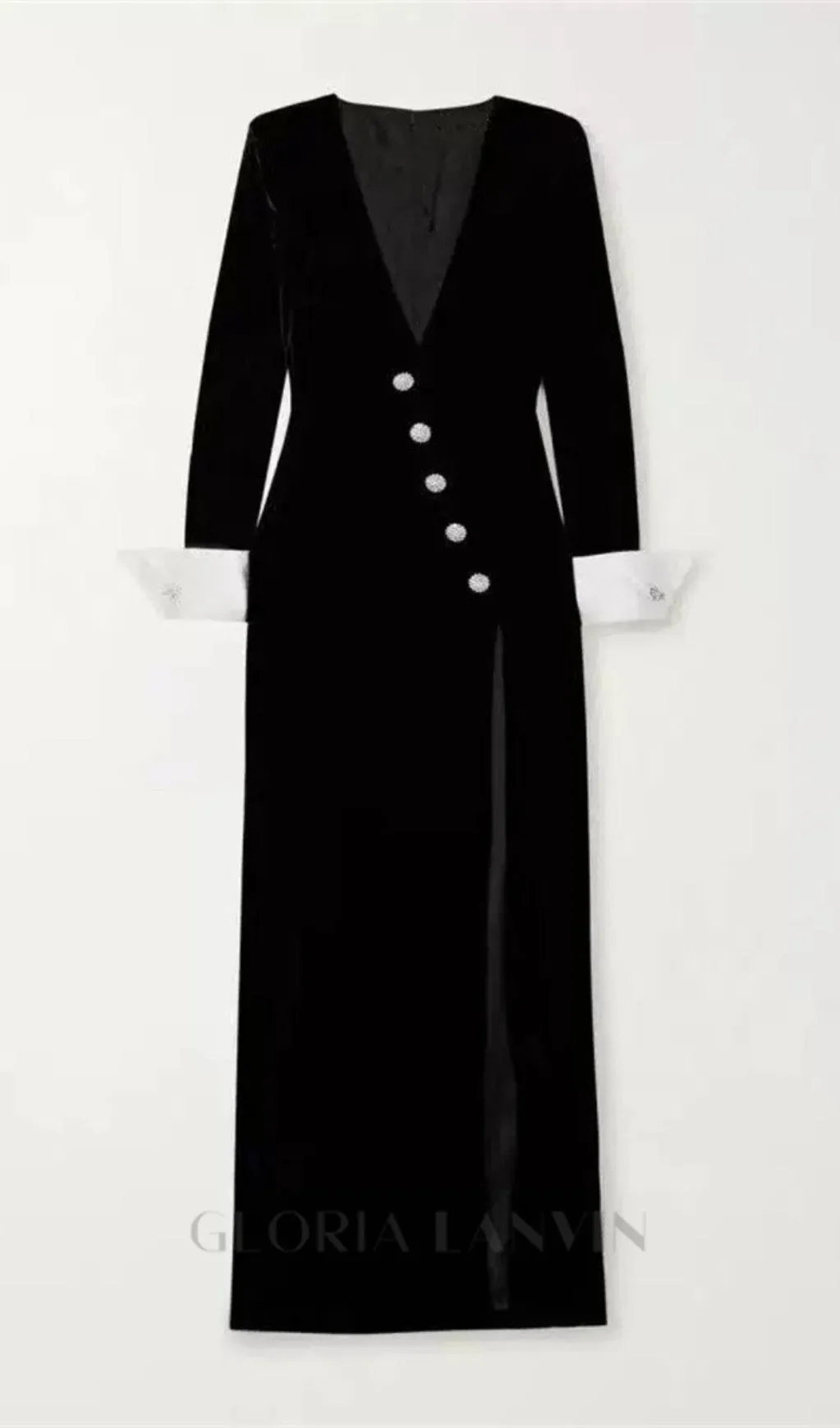 CROWN BLACK LONG SLEEVE V-NECK MAXI DRESS Gloria Lanvin