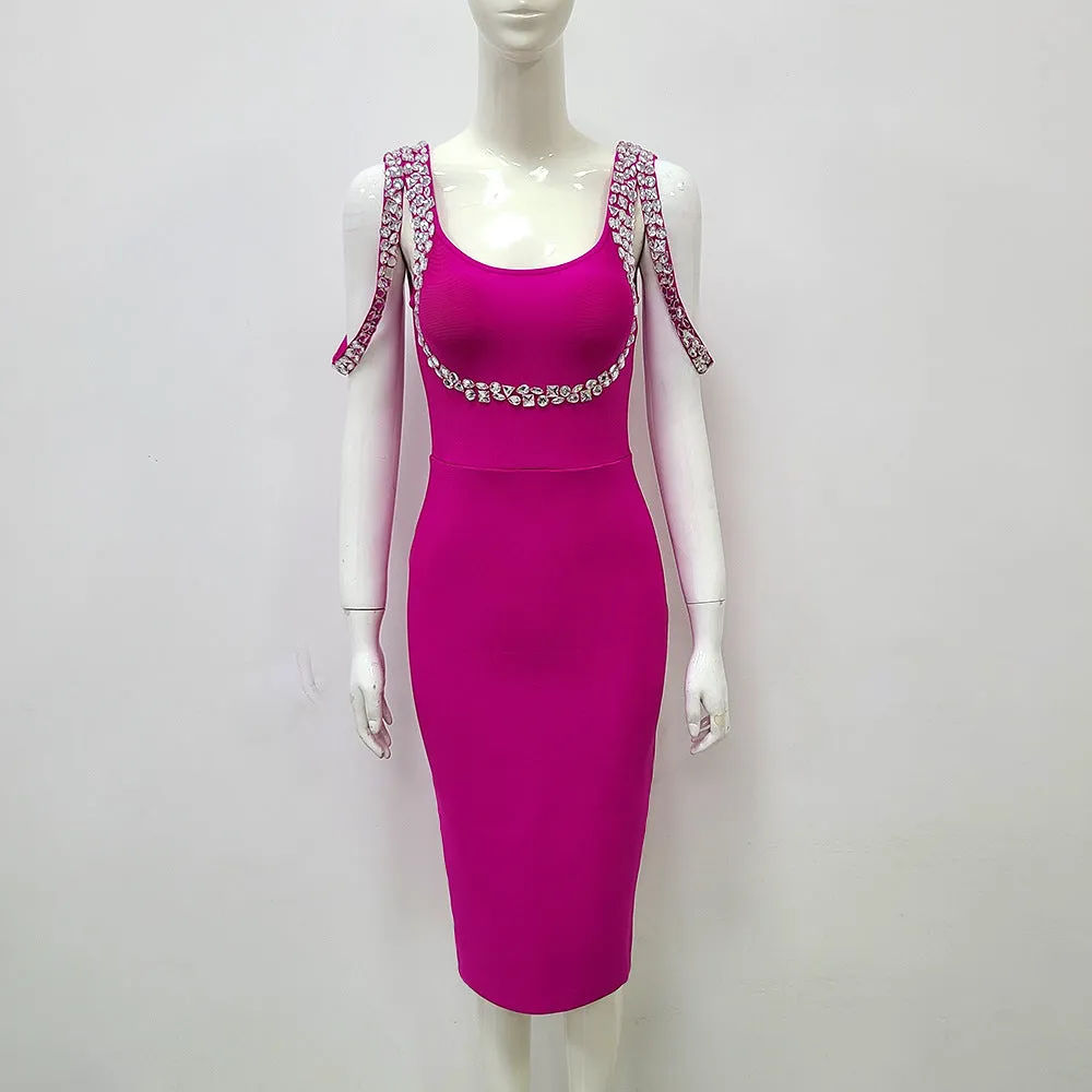 CRYSTAL BANDAGE MIDI DRESS IN HOT PINK Gloria Lanvin