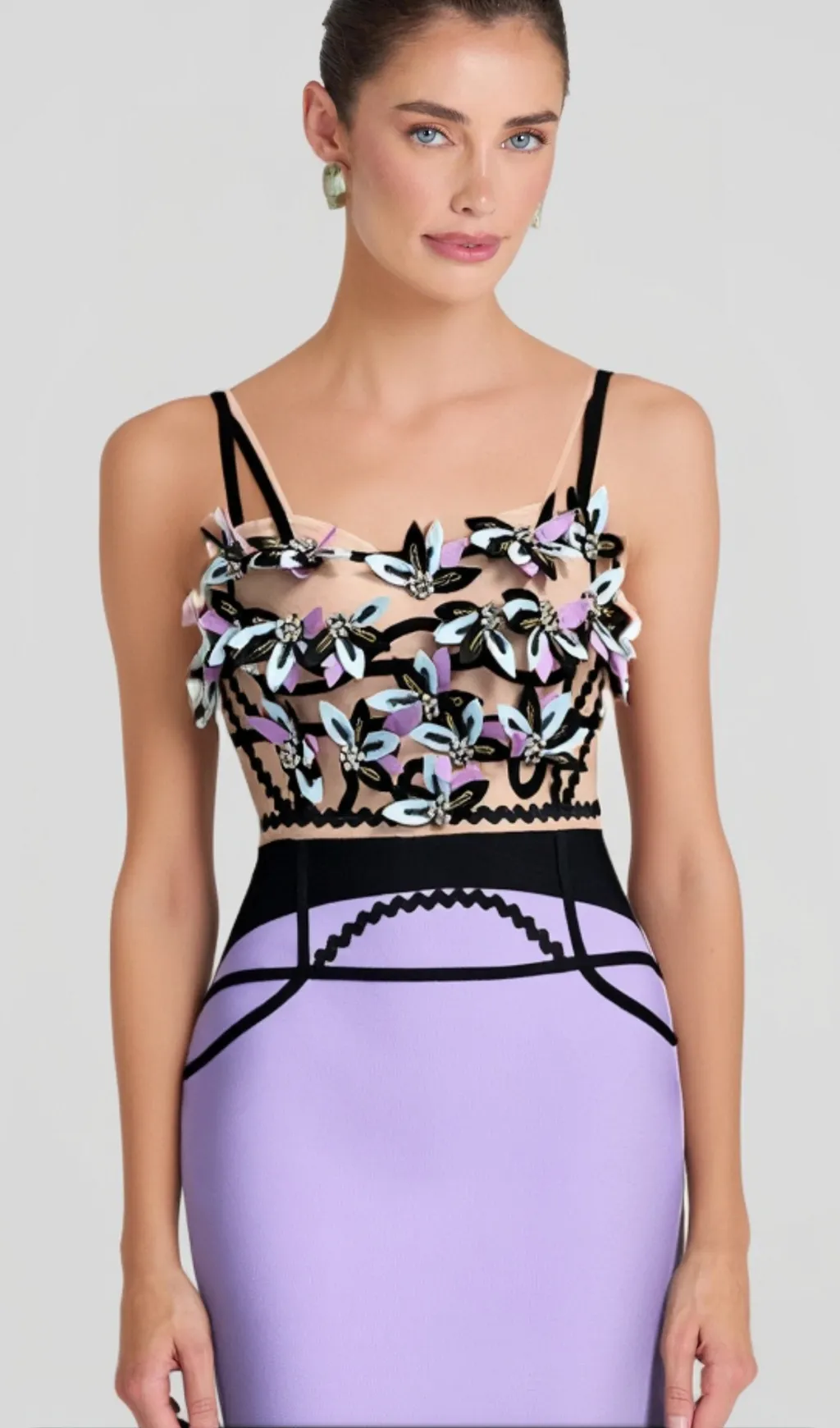 CRYSTAL BEADED APPLIQUE MIDI BANDAGE DRESS Gloria Lanvin