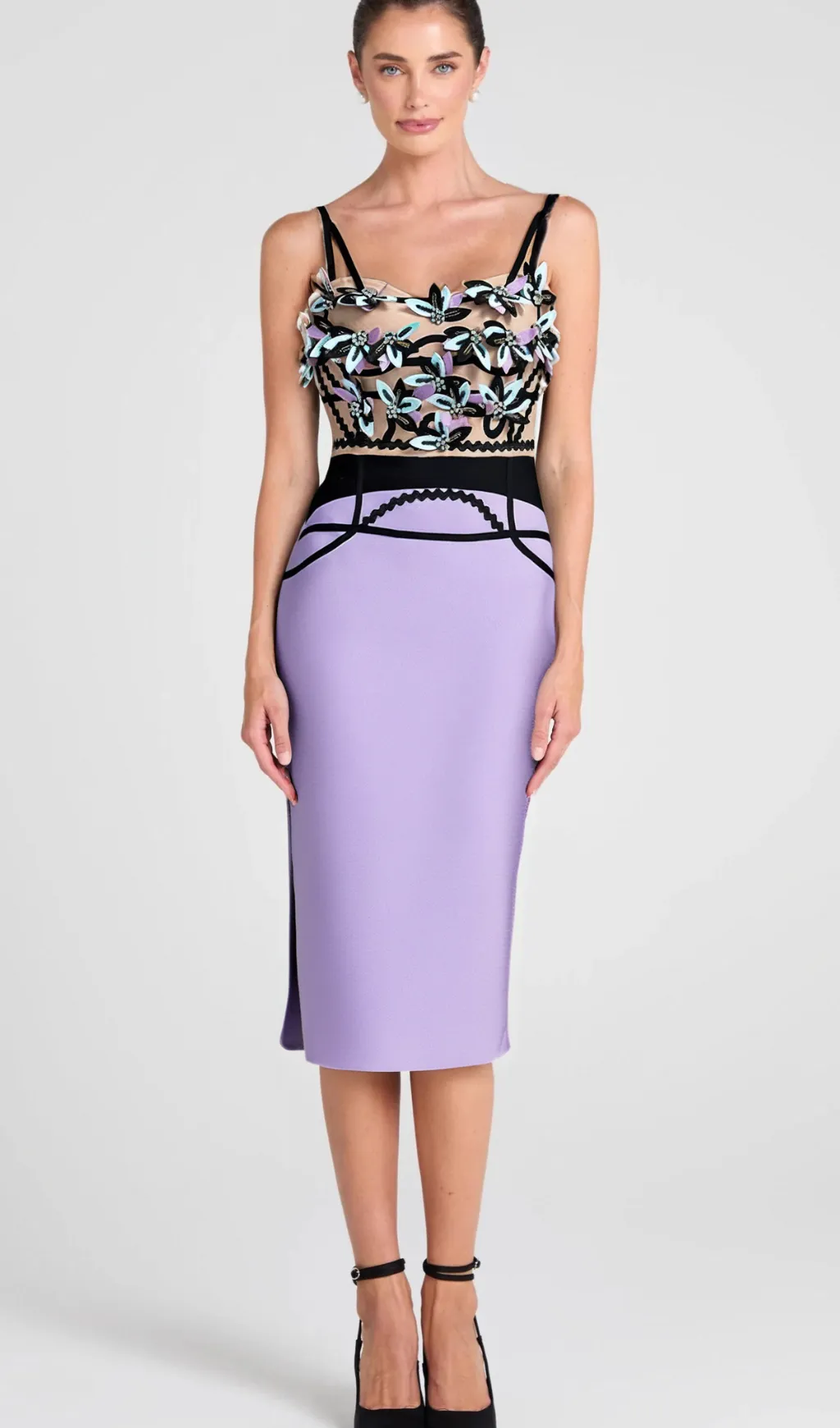 CRYSTAL BEADED APPLIQUE MIDI BANDAGE DRESS Gloria Lanvin