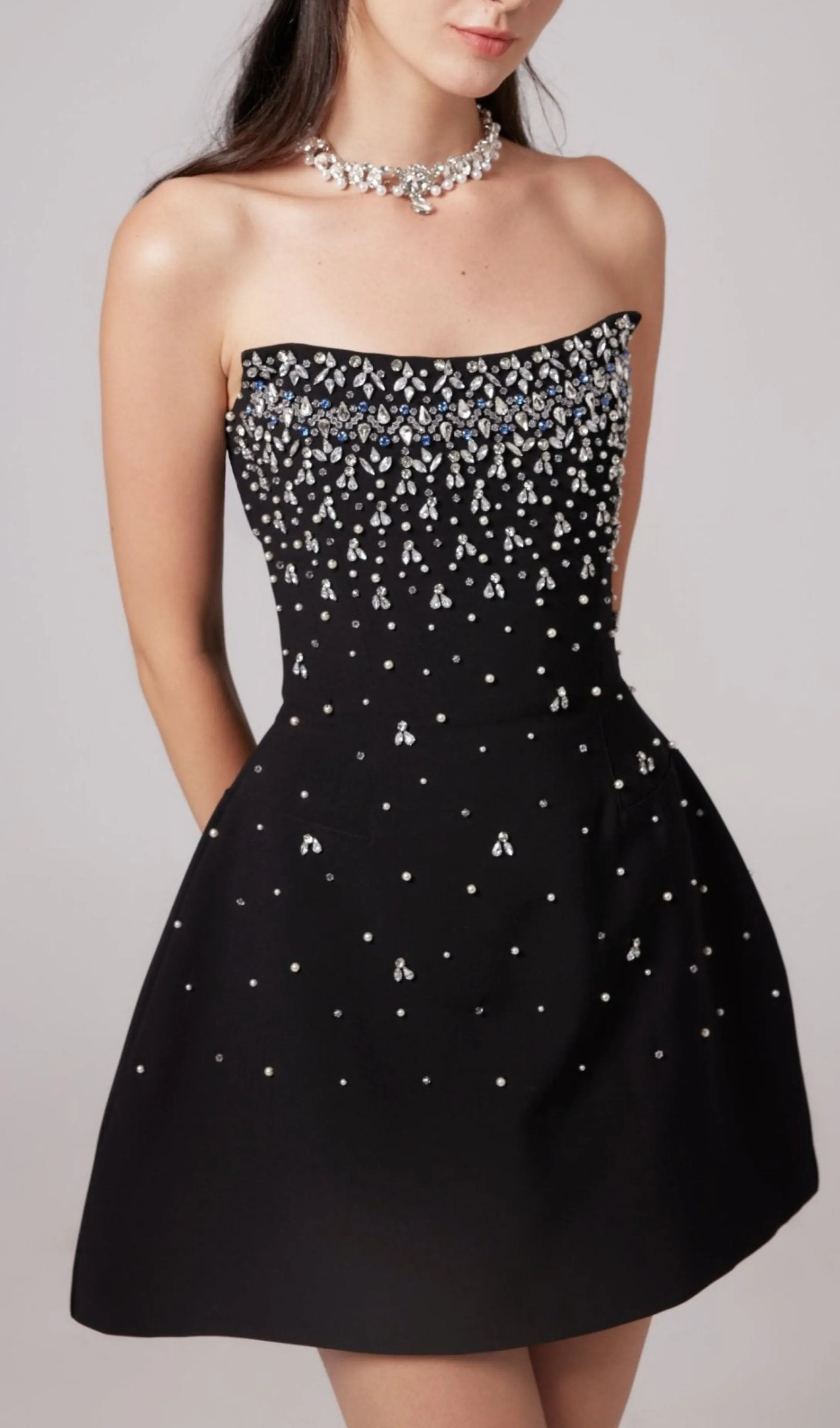CRYSTAL BEADING STRAPLESS MINI DRESS IN BLACK Gloria Lanvin