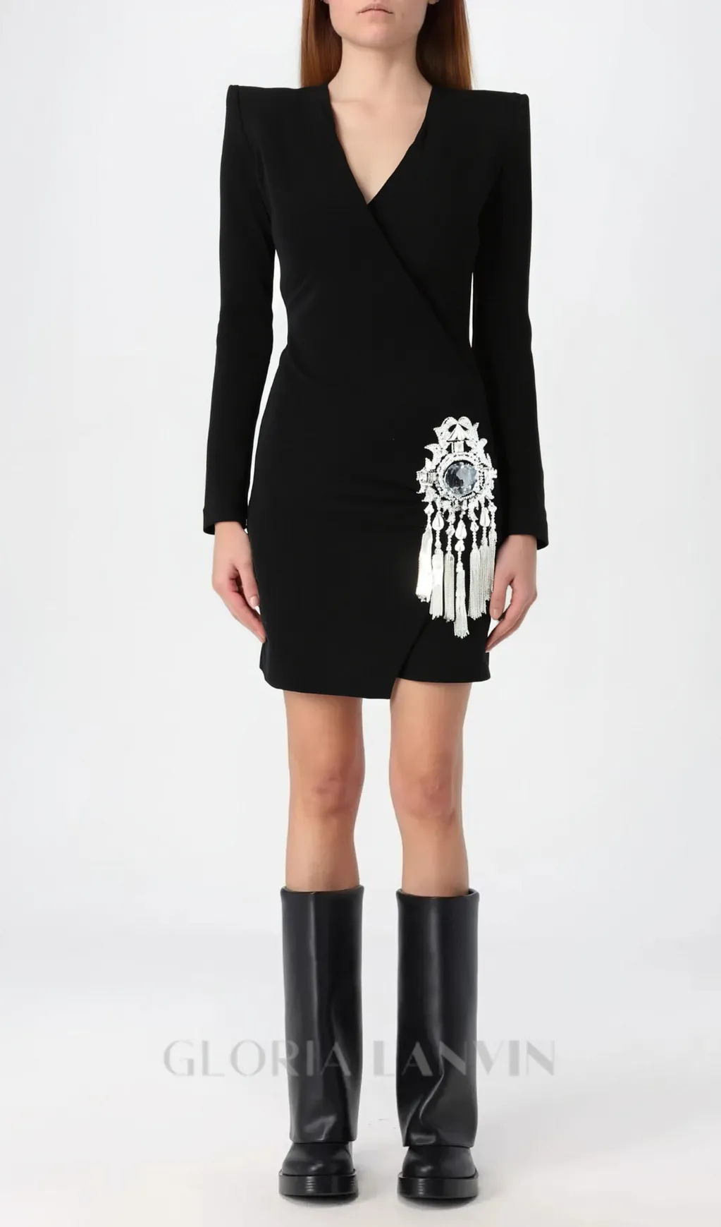 crystal draped embellished black mini dress Gloria Lanvin