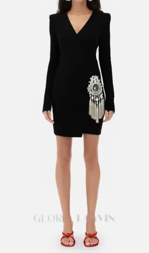 crystal draped embellished black mini dress Gloria Lanvin