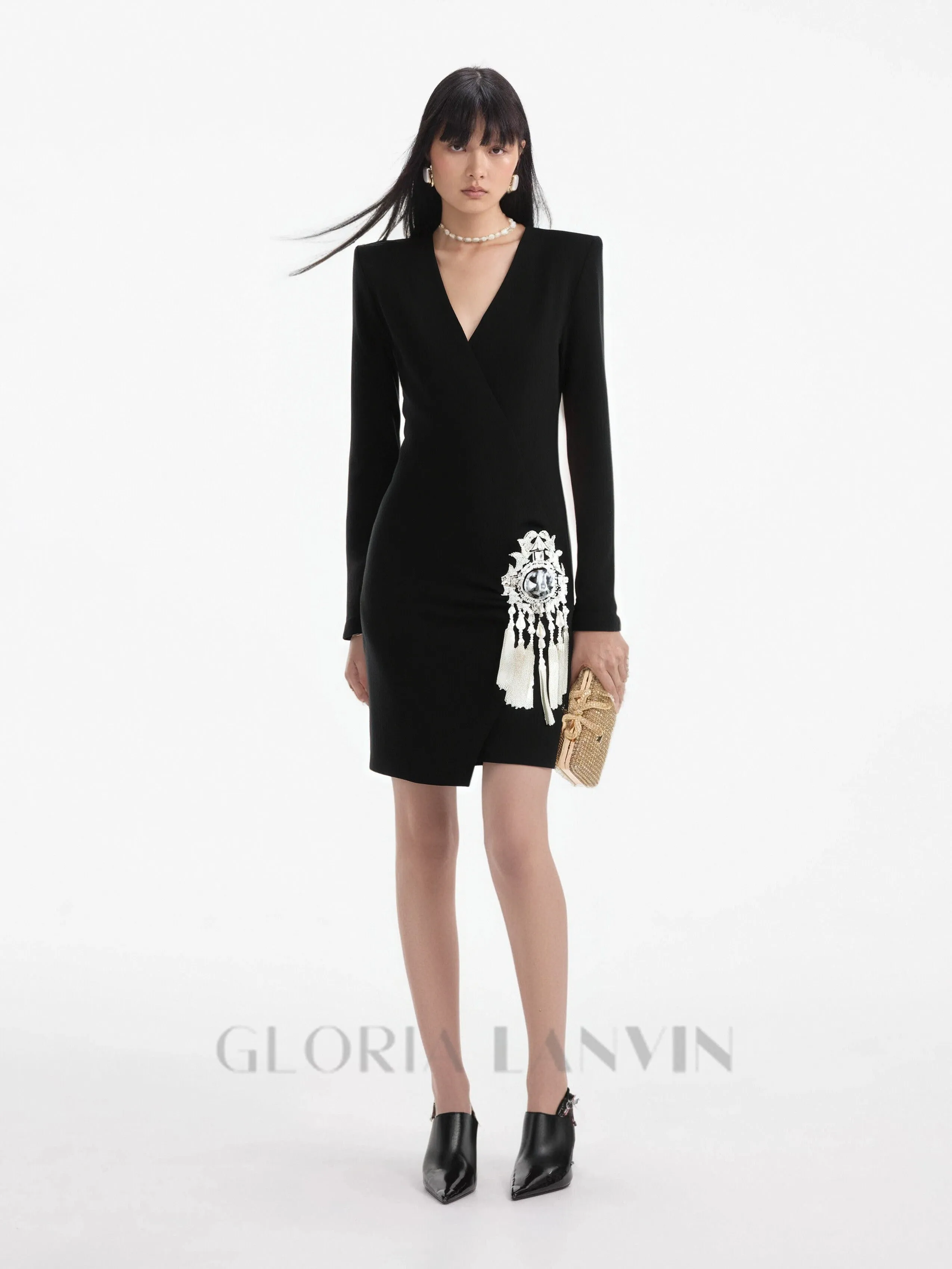 crystal draped embellished black mini dress Gloria Lanvin