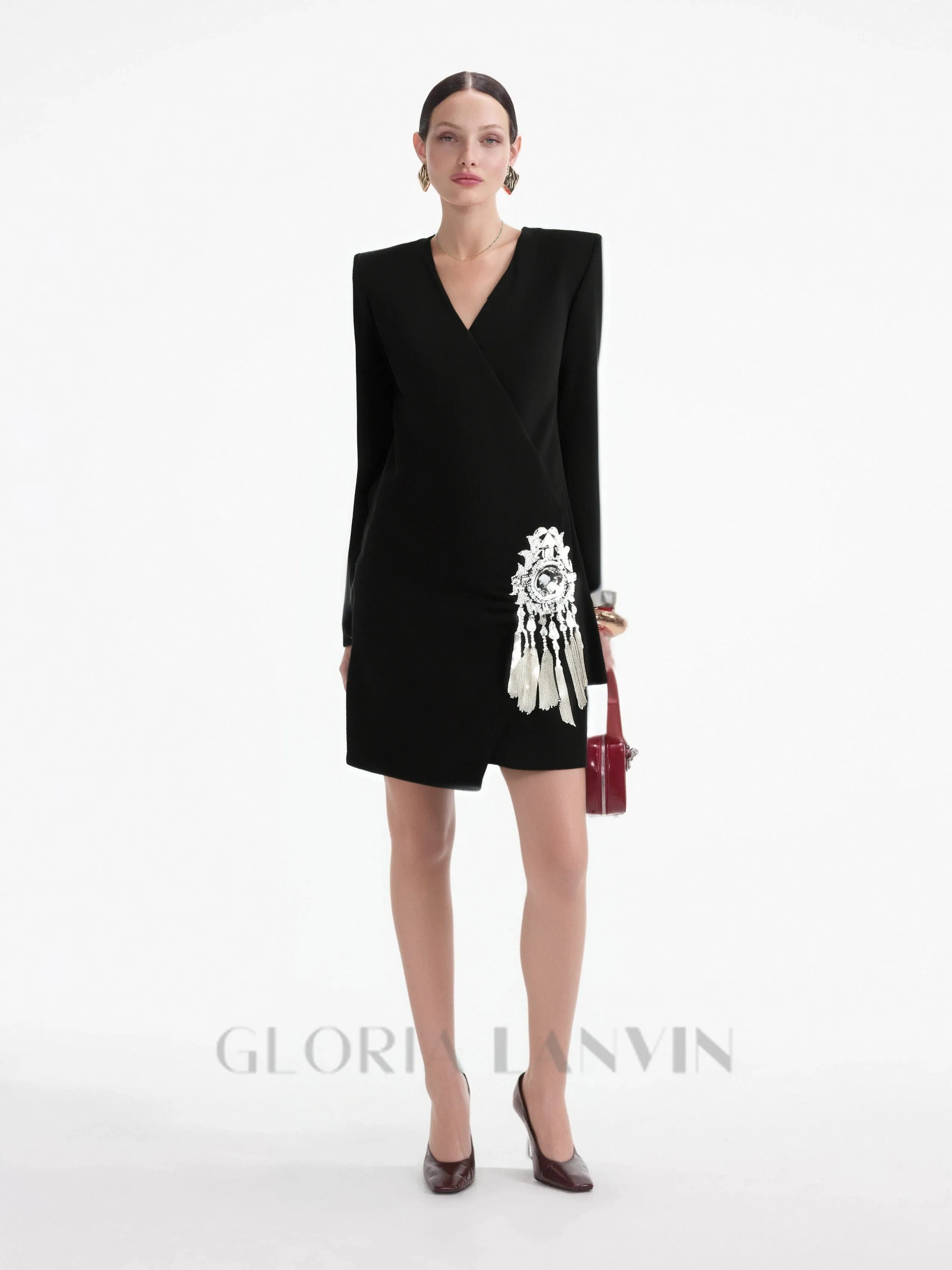 crystal draped embellished black mini dress Gloria Lanvin