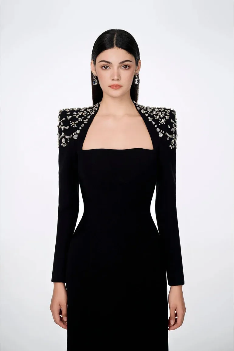 crystal-embellished black long sleeve maxi dress Gloria Lanvin