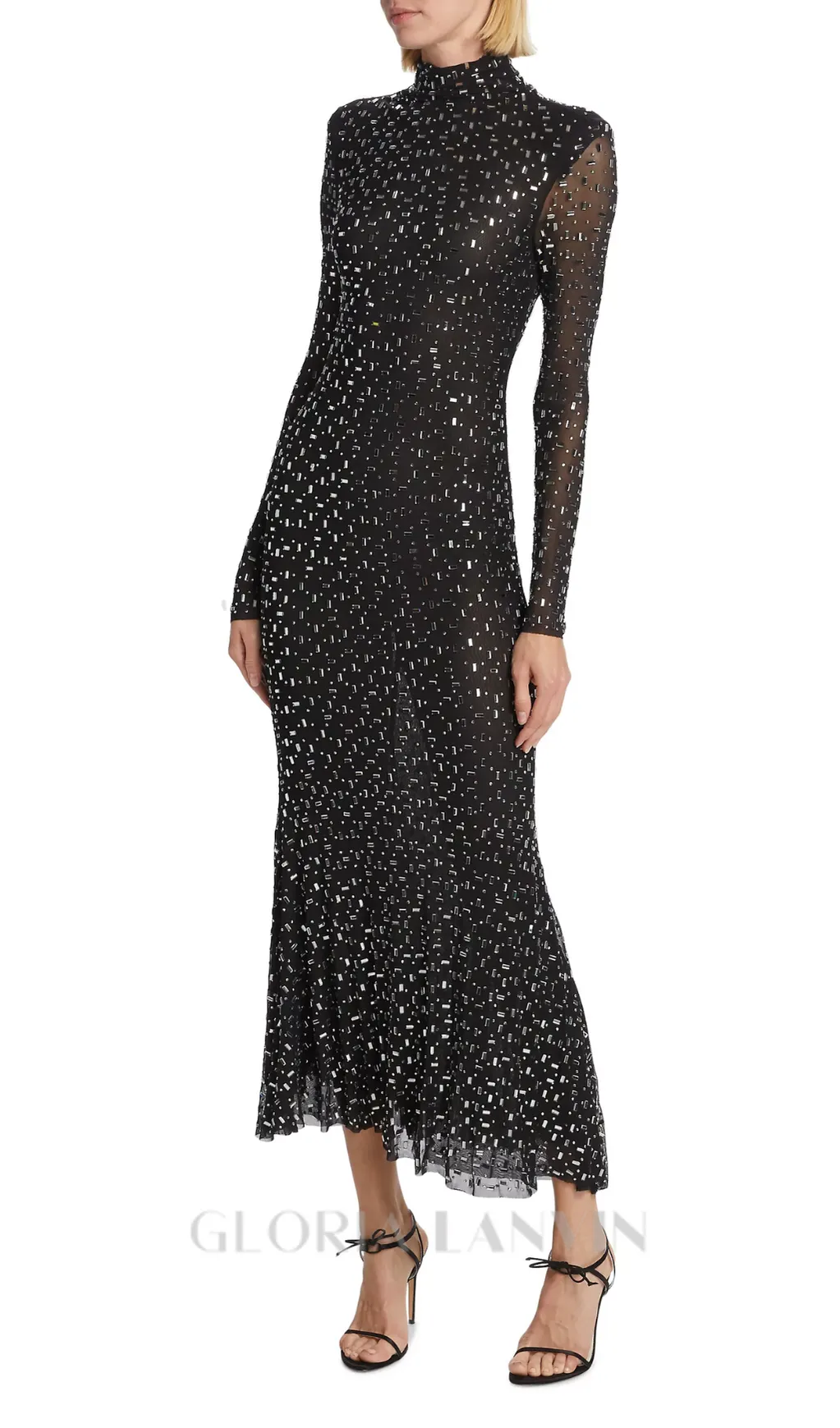 crystal Embellished Mesh Midi Dress in black Gloria Lanvin