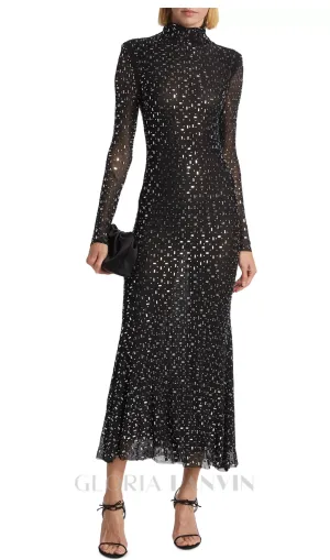crystal Embellished Mesh Midi Dress in black Gloria Lanvin