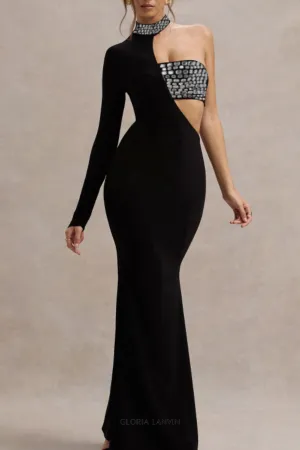 crystal embellished One-Sleeve Cut-Out Maxi Dress in black Gloria Lanvin