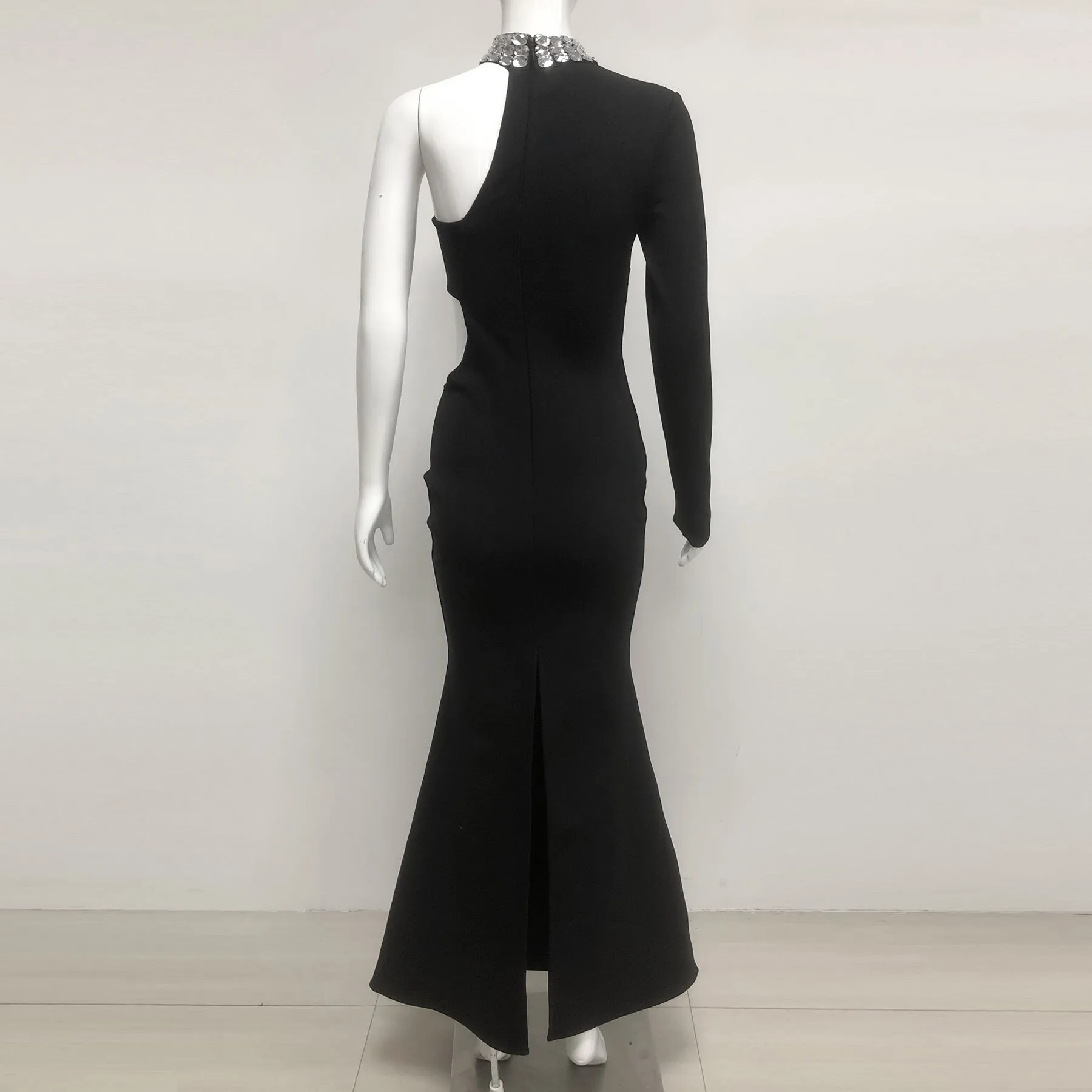 crystal embellished One-Sleeve Cut-Out Maxi Dress in black Gloria Lanvin