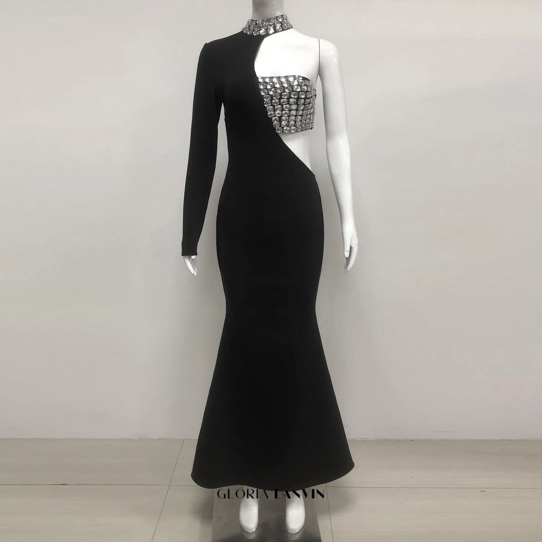 crystal embellished One-Sleeve Cut-Out Maxi Dress in black Gloria Lanvin