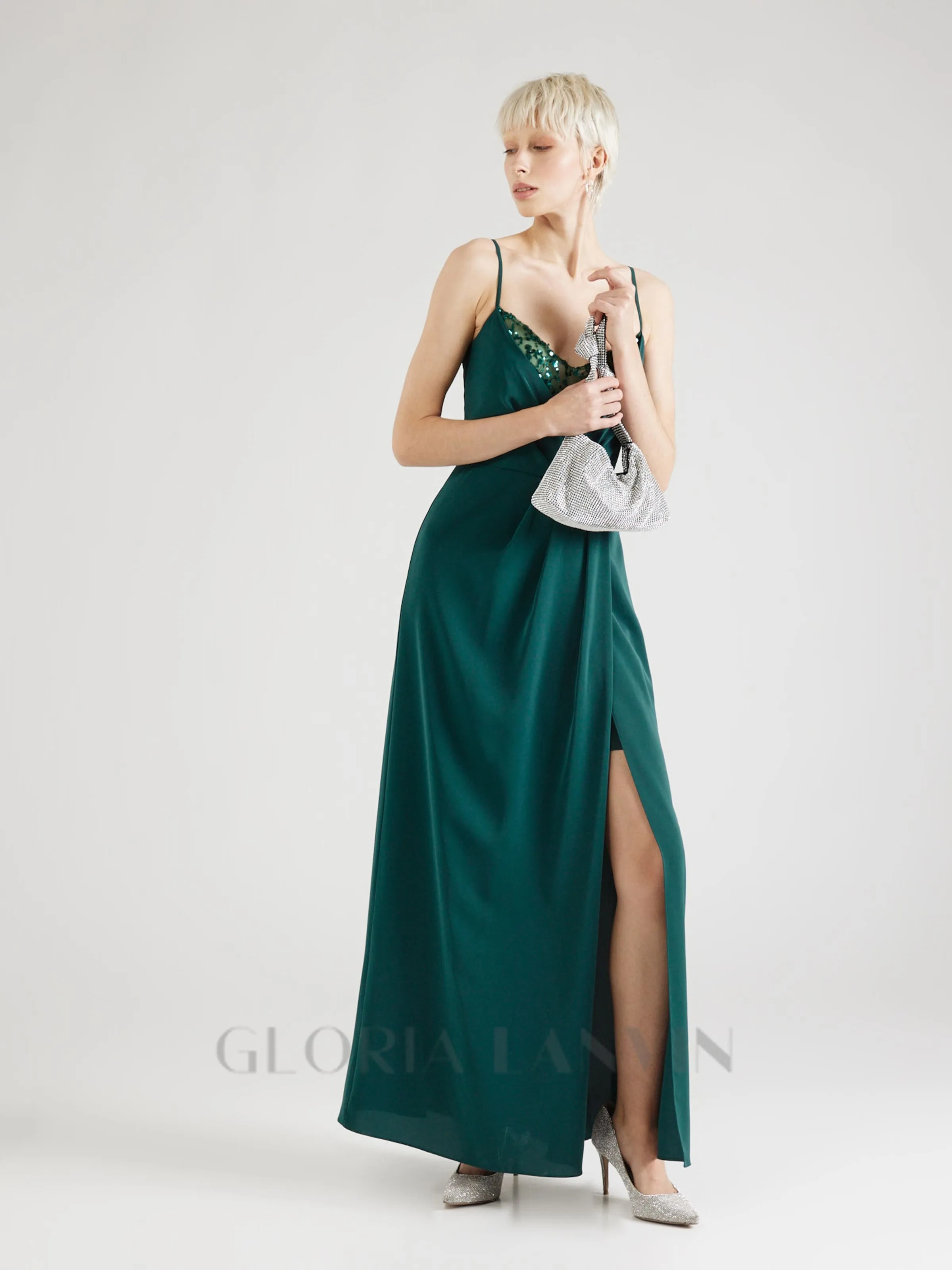crystal embellished pleated maxi dress in green Gloria Lanvin