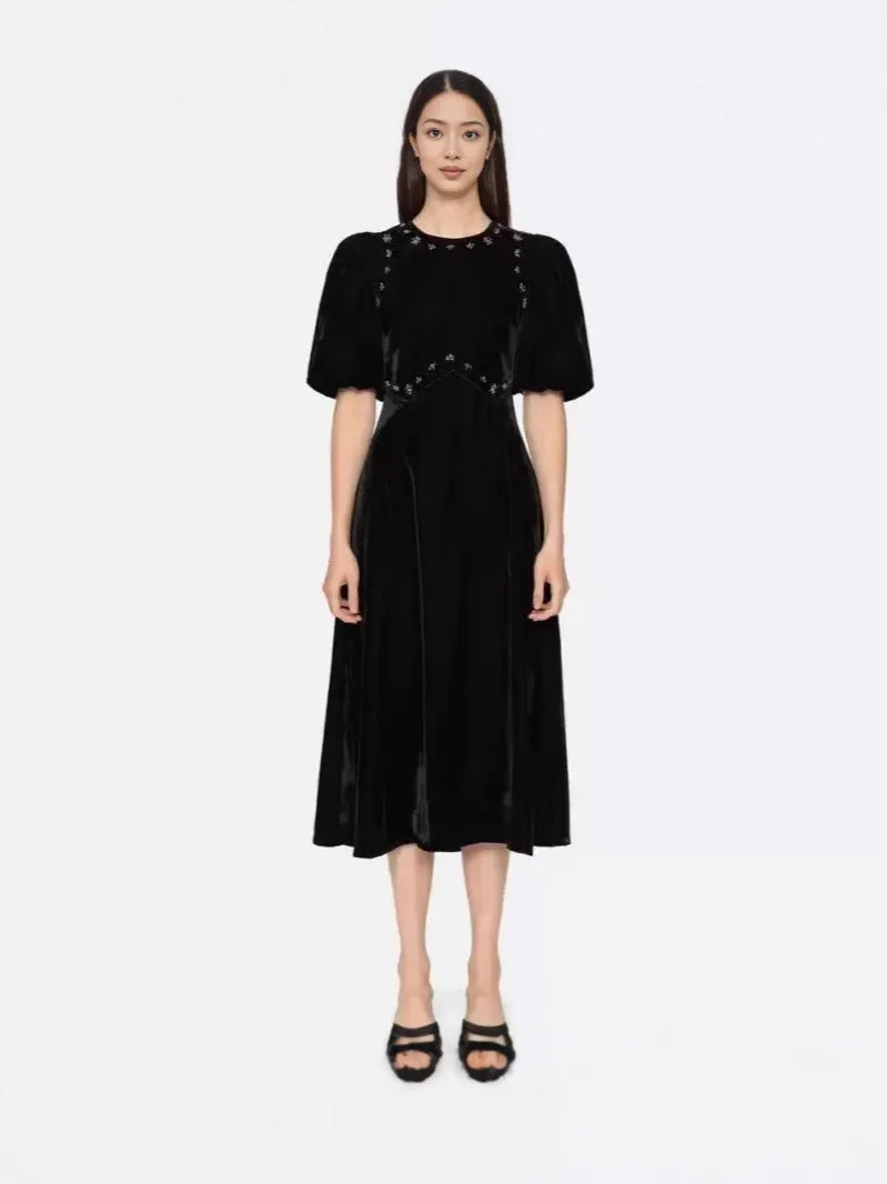 crystal embellished puff midi dress in black Gloria Lanvin
