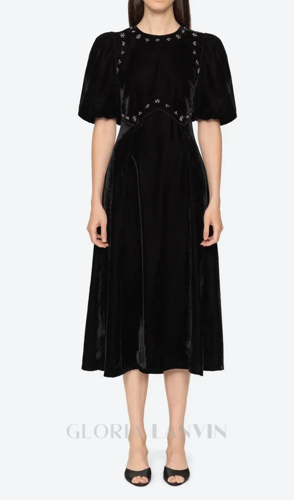 crystal embellished puff midi dress in black Gloria Lanvin
