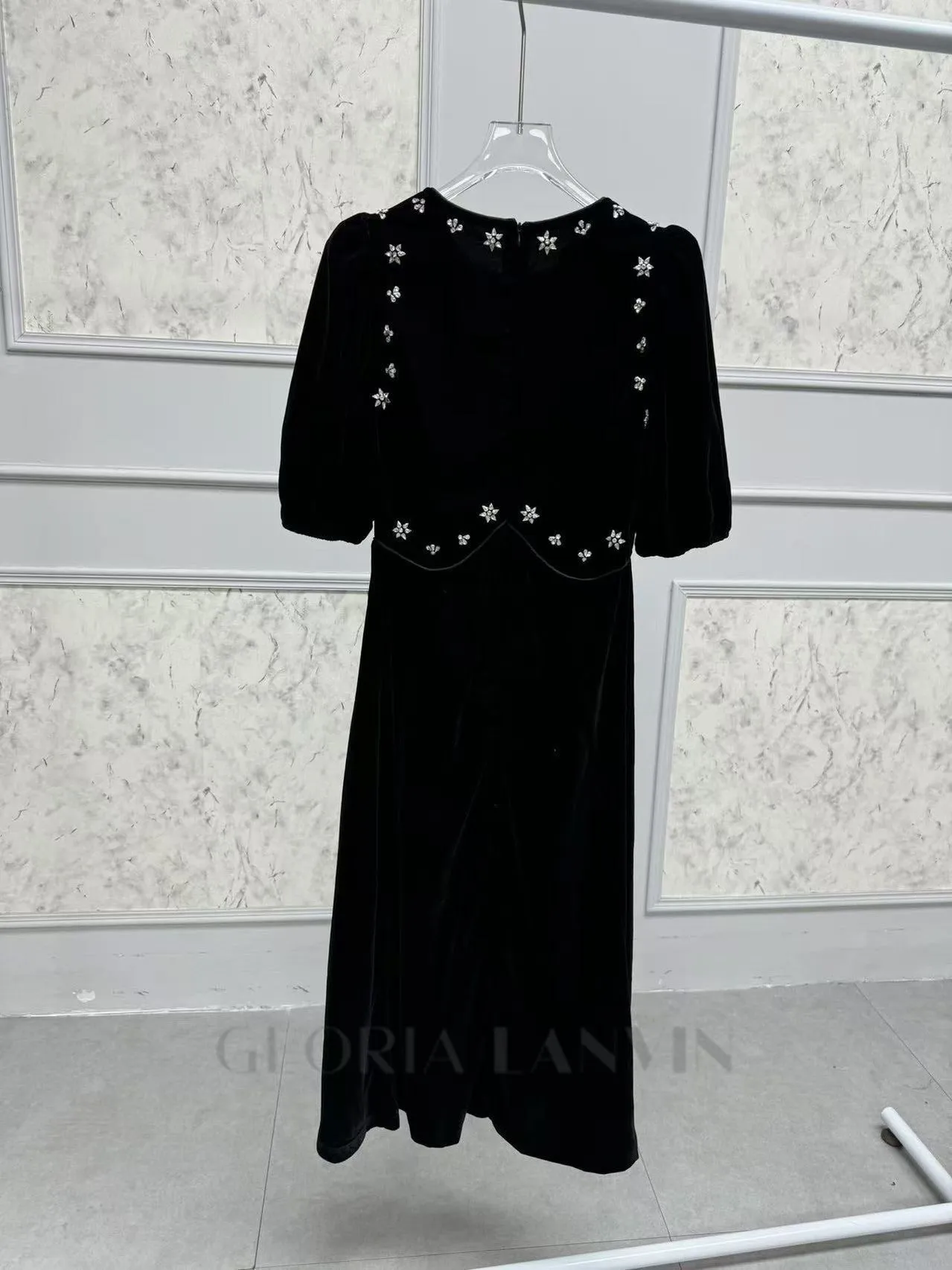 crystal embellished puff midi dress in black Gloria Lanvin