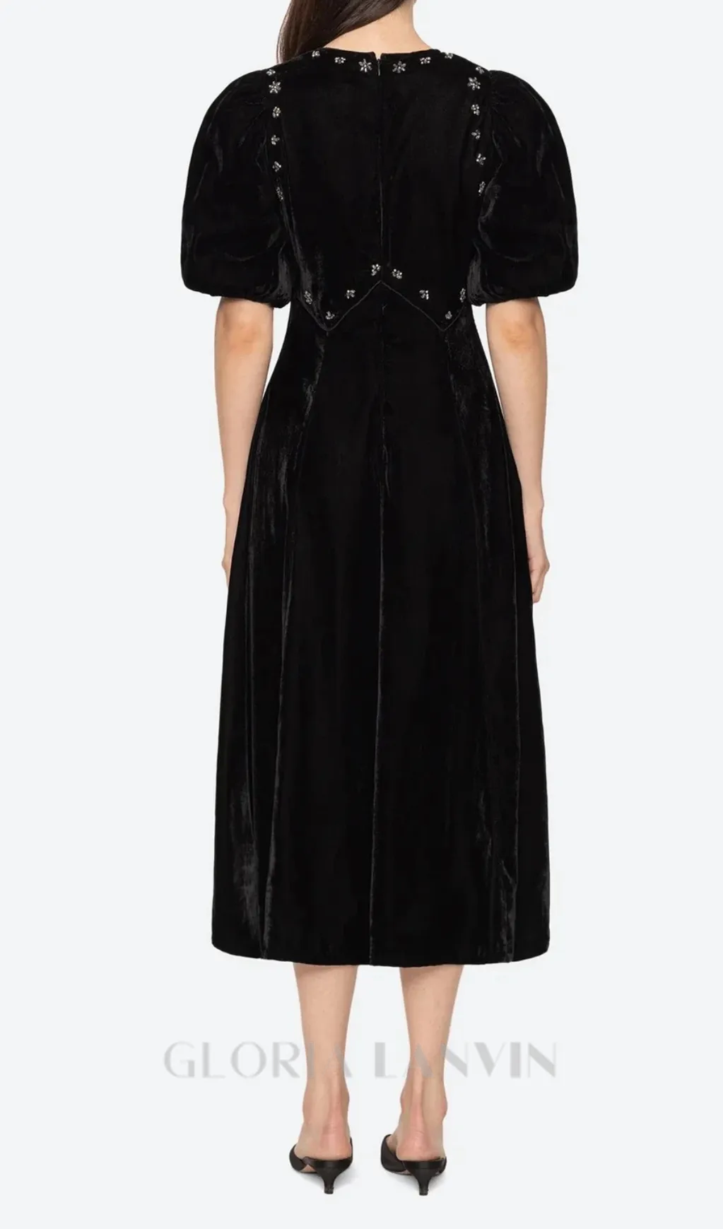 crystal embellished puff midi dress in black Gloria Lanvin