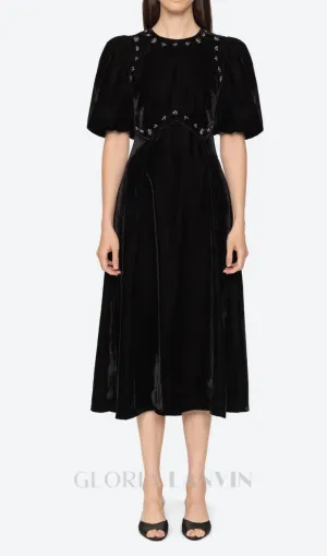 crystal embellished puff midi dress in black Gloria Lanvin