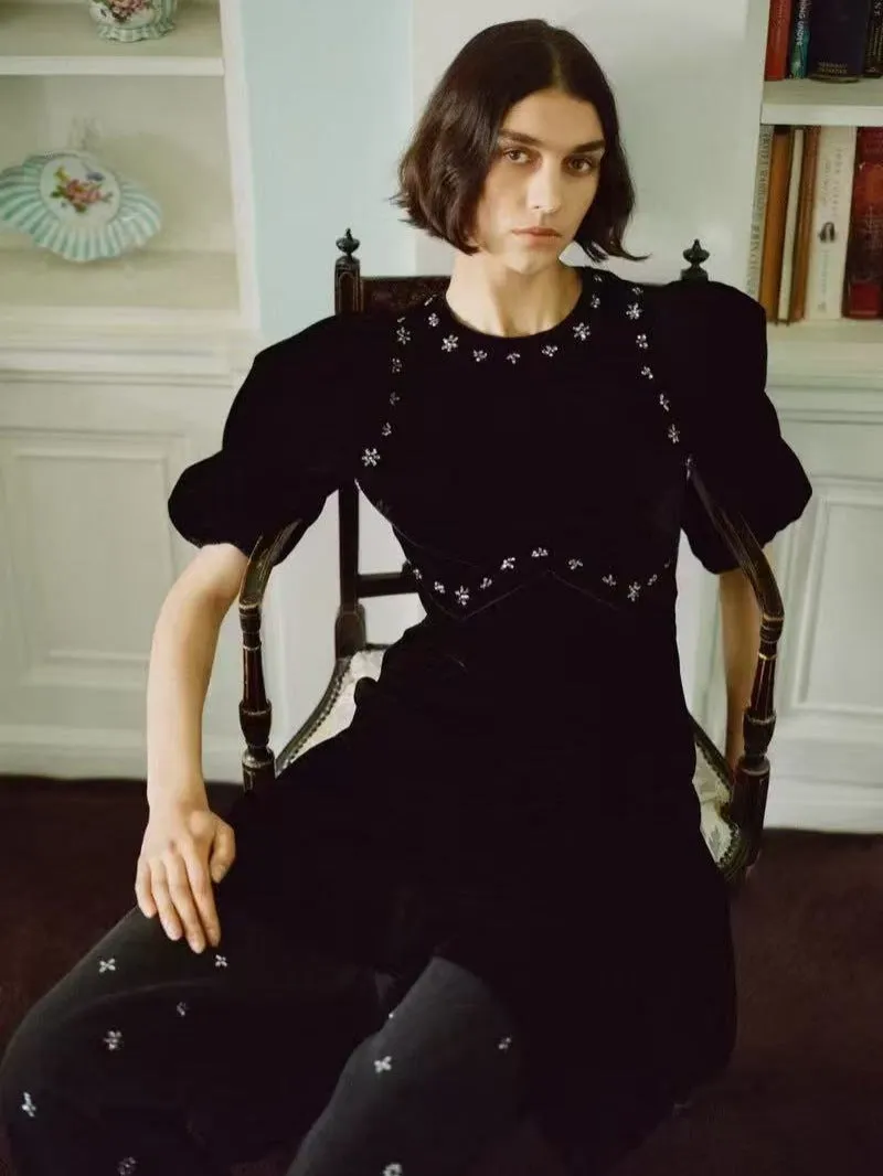 crystal embellished puff midi dress in black Gloria Lanvin