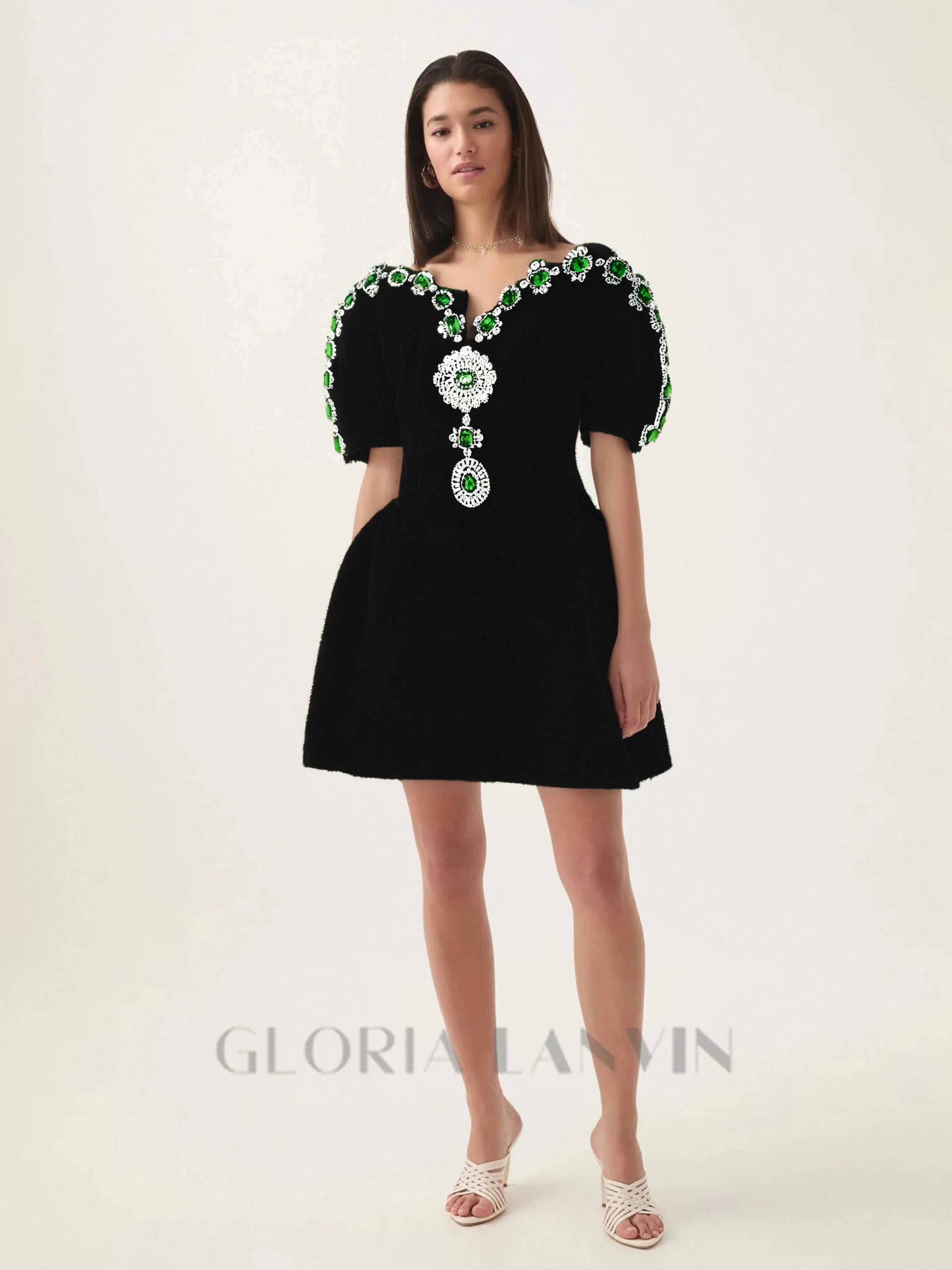 Crystal embellished strapless mini dress in black Gloria Lanvin