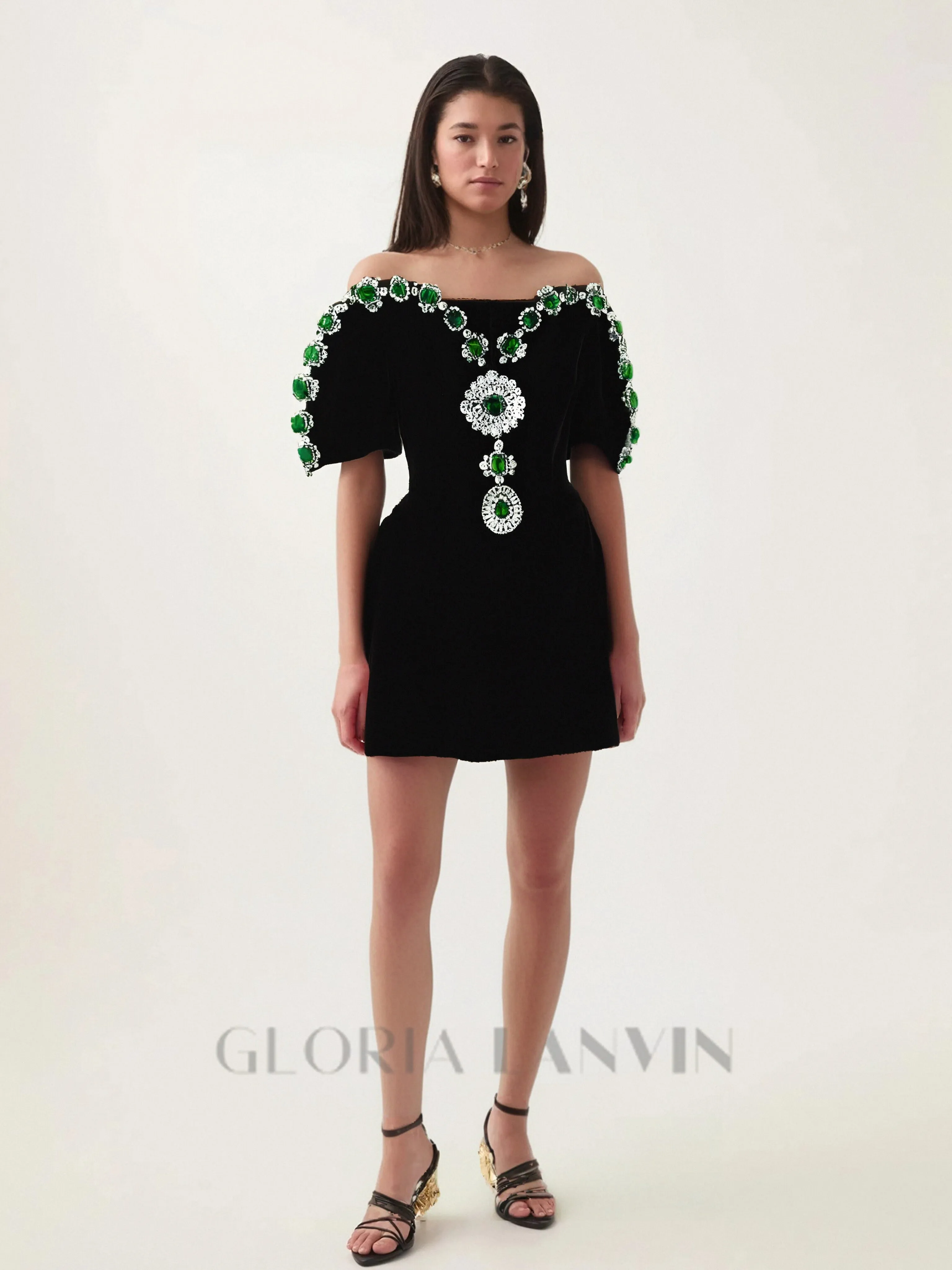 Crystal embellished strapless mini dress in black Gloria Lanvin