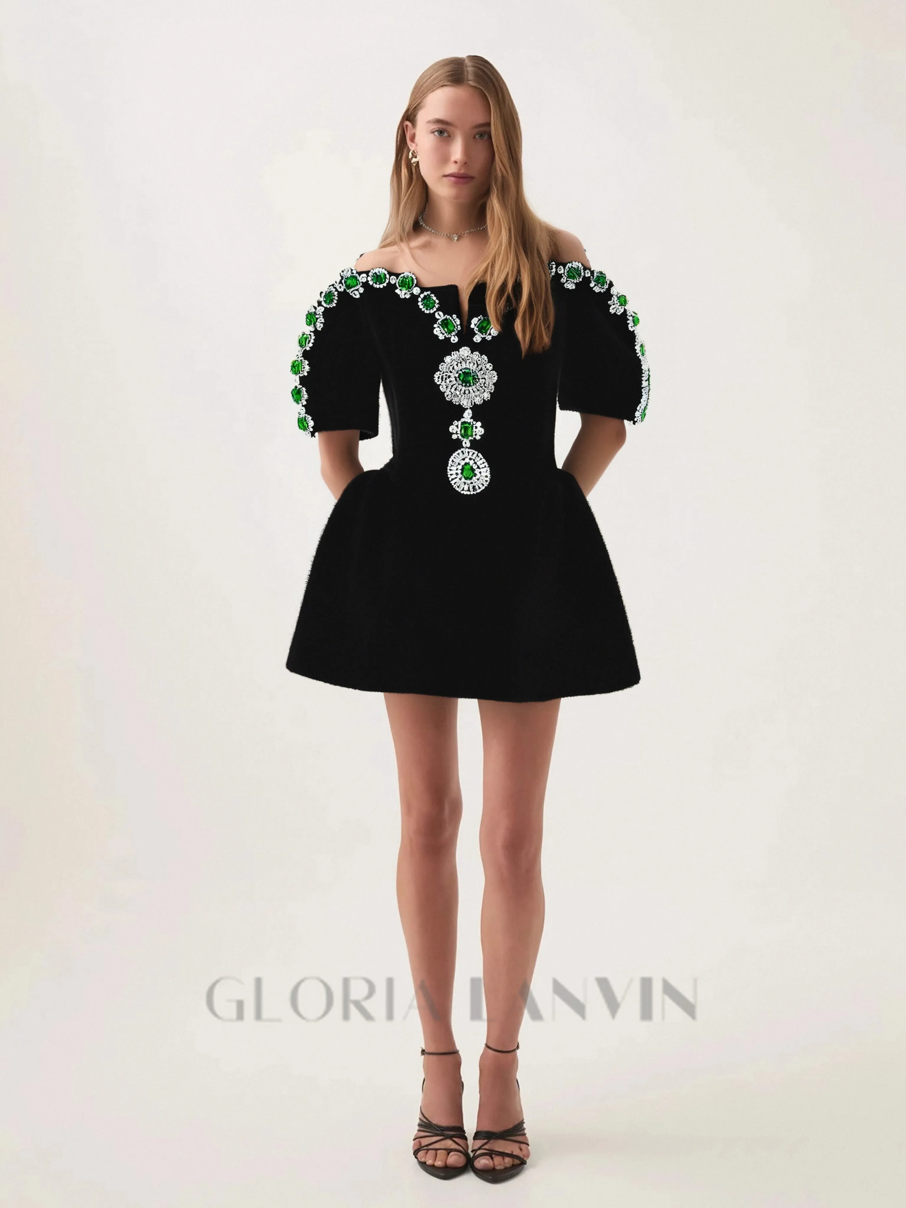 Crystal embellished strapless mini dress in black Gloria Lanvin
