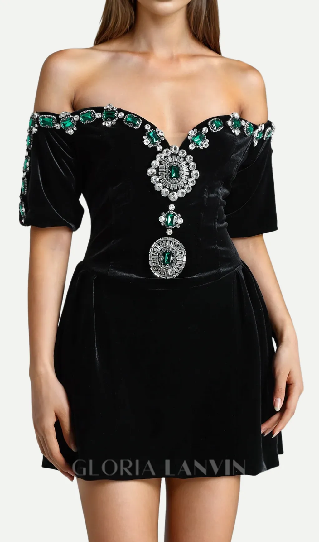 Crystal embellished strapless mini dress in black Gloria Lanvin