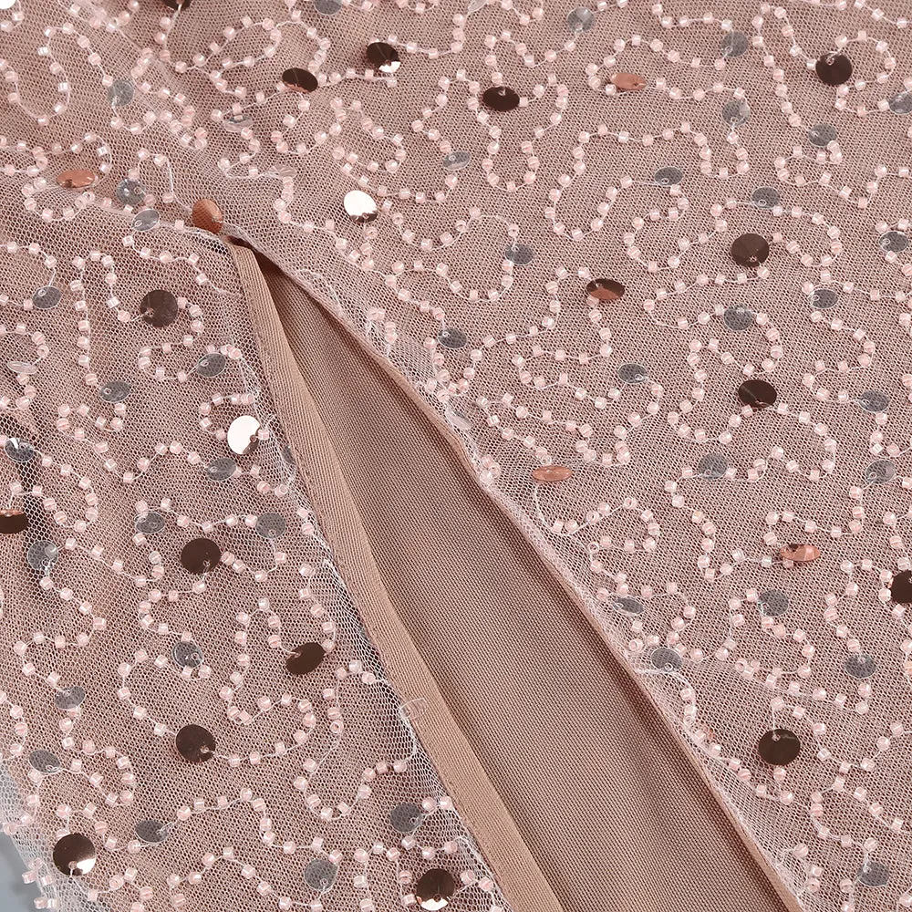 CRYSTAL LEAF EMBELLISHED SEQUIN MAXI DRESS IN PALE BROWN Gloria Lanvin