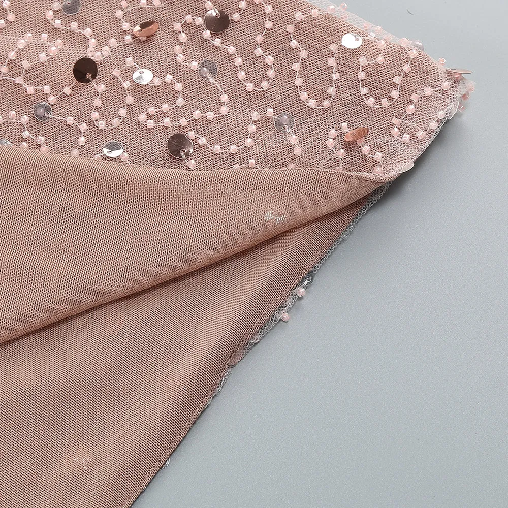 CRYSTAL LEAF EMBELLISHED SEQUIN MAXI DRESS IN PALE BROWN Gloria Lanvin