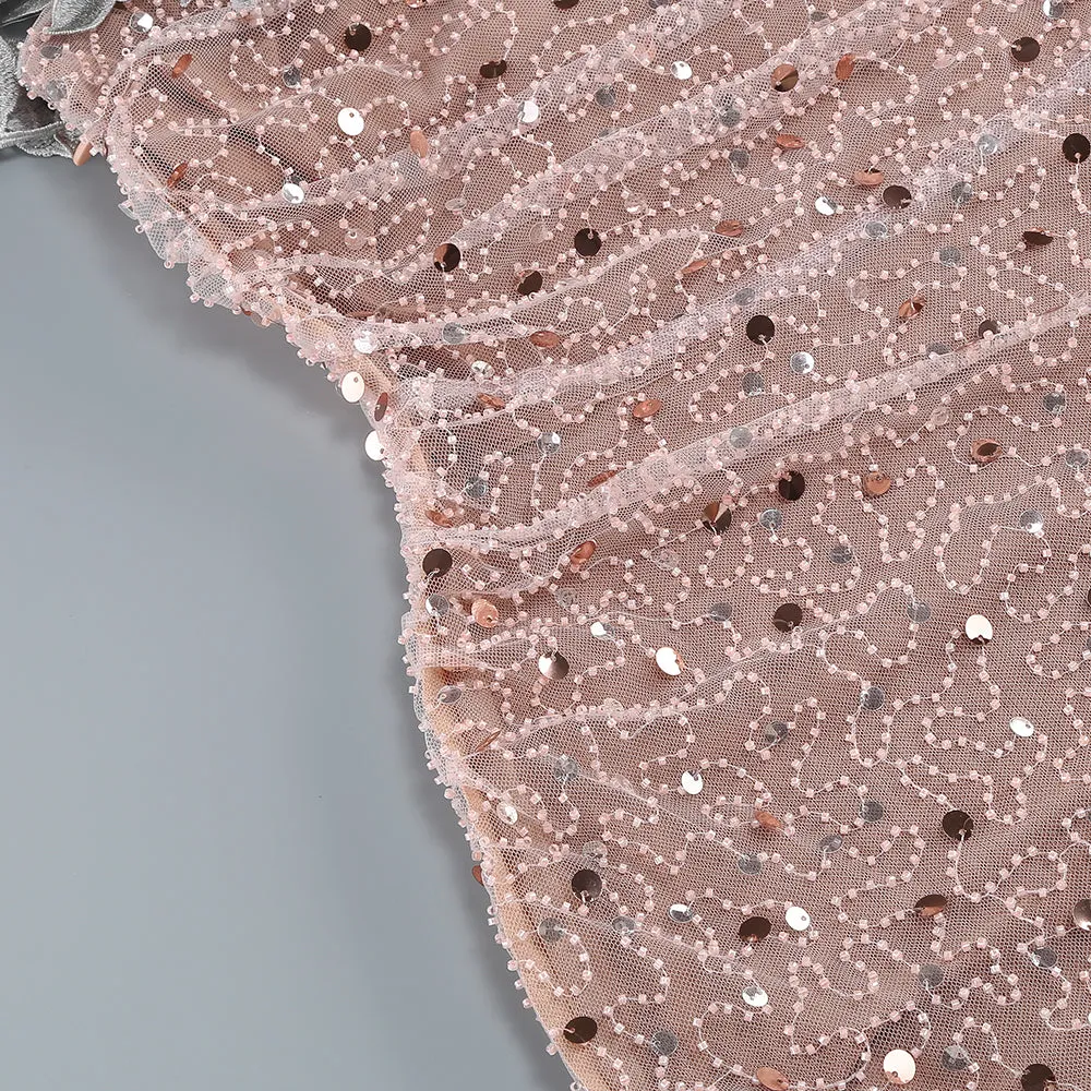 CRYSTAL LEAF EMBELLISHED SEQUIN MAXI DRESS IN PALE BROWN Gloria Lanvin