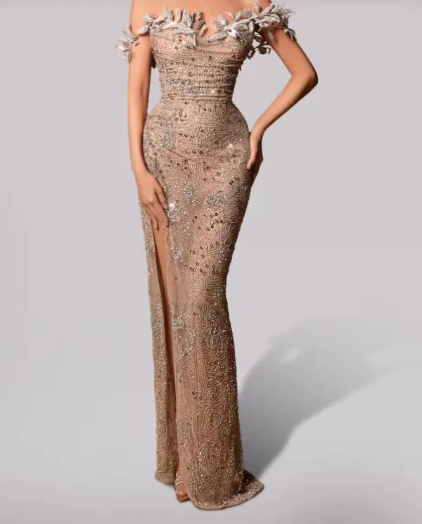 CRYSTAL LEAF EMBELLISHED SEQUIN MAXI DRESS IN PALE BROWN Gloria Lanvin